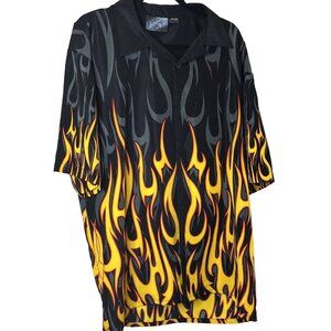Y2K Vintage Sapphire Lounge Men’s 2XL Black Tribal Flames Short Sleeve Shirt